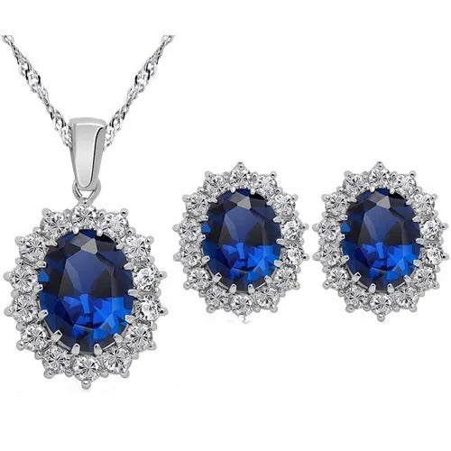Royal Blue Crystal Stone Jewelry Set For Women Wedding Brides Necklace Set African style Oval Flower Design Shiny Cubic Zircon Plated