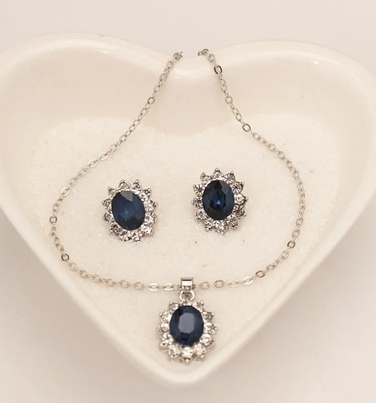 Royal Blue Crystal Stone Jewelry Set For Women Wedding Brides Necklace Set African style Oval Flower Design Shiny Cubic Zircon Plated