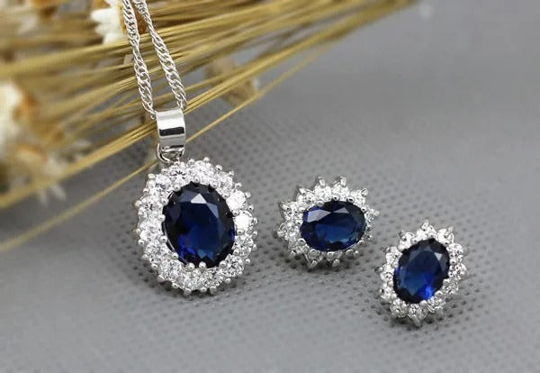 Royal Blue Crystal Stone Jewelry Set For Women Wedding Brides Necklace Set African style Oval Flower Design Shiny Cubic Zircon Plated