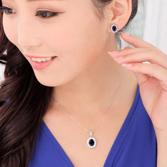 Royal Blue Crystal Stone Jewelry Set For Women Wedding Brides Necklace Set African style Oval Flower Design Shiny Cubic Zircon Plated